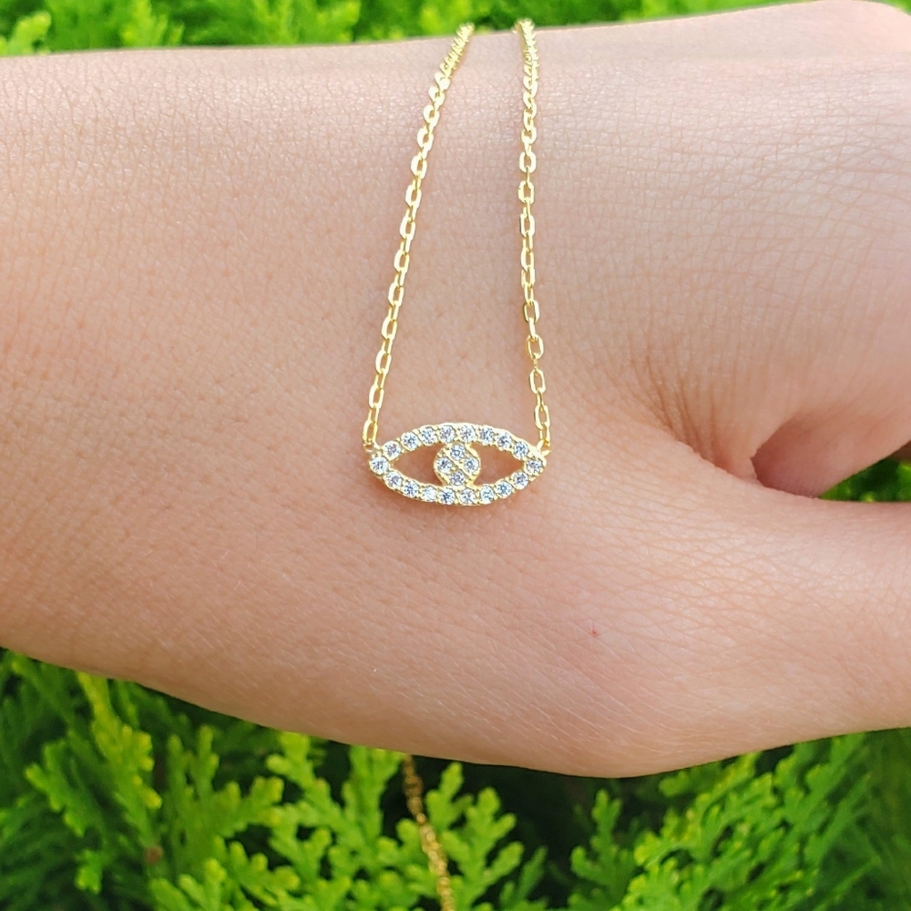 Evil Eye Necklace Gold Diamond Dainty New 925 Sterling Silver Gold Plated